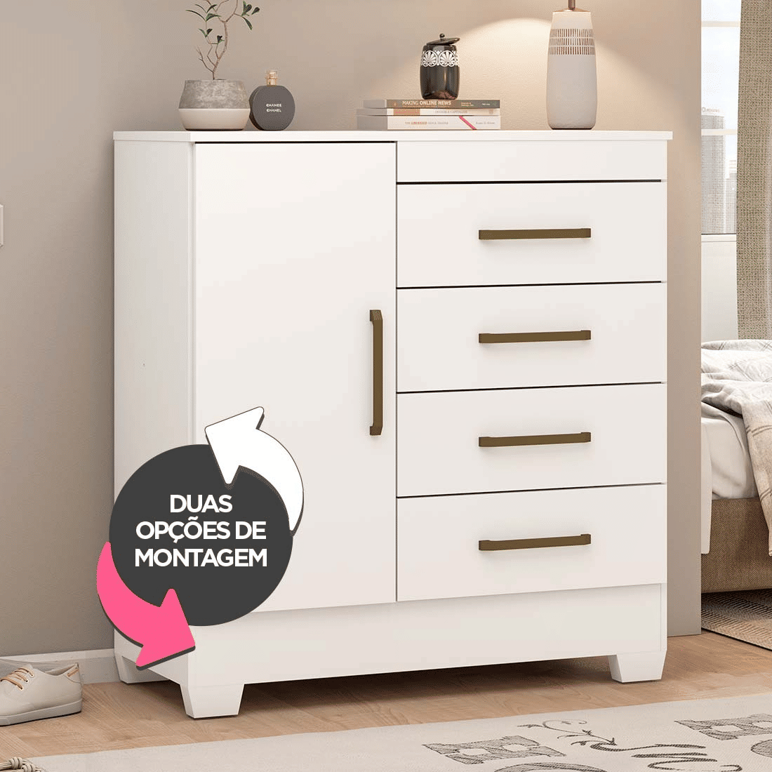 Cômoda Montevideu com 4 Gavetas e 1 Porta Demobile Branco/Branco/Rosa Cômoda Montevideu com 4 Gavetas e 1 Porta Demobile Branco/Branco/Rosa