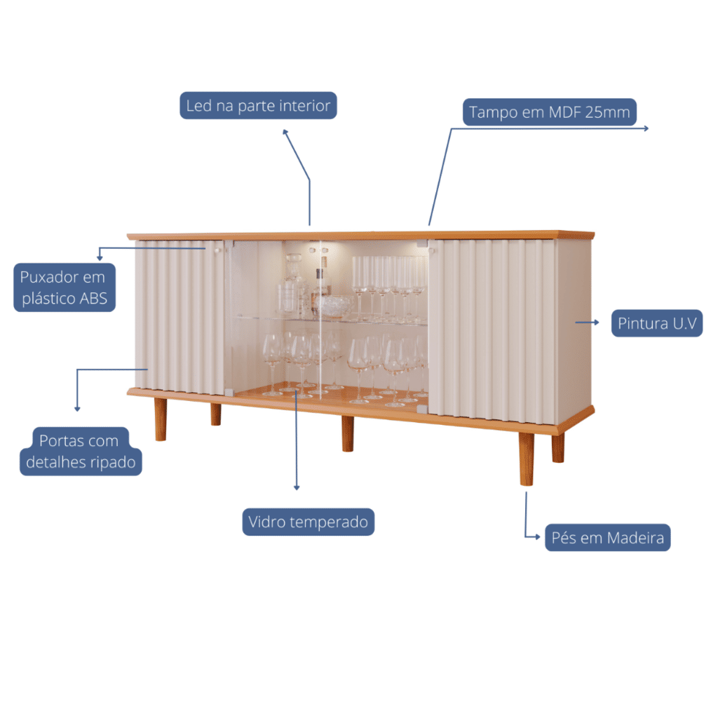Buffet Aparador 4 portas 100% MDF, com Vidro Temperado Janice Cimol Nature/off White  Buffet Aparador 4 portas 100% MDF, com Vidro Temperado Janice Cimol Nature/off White