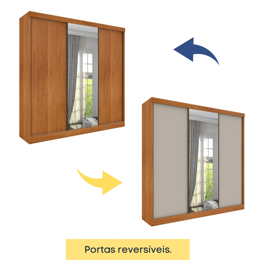 Guarda-Roupa Casal Com Espelho 3 Portas de Correr Tcil Móveis Dacar Cinamomo/Off White Guarda-Roupa Casal Com Espelho 3 Portas de Correr Tcil Móveis Dacar Cinamomo/Off White