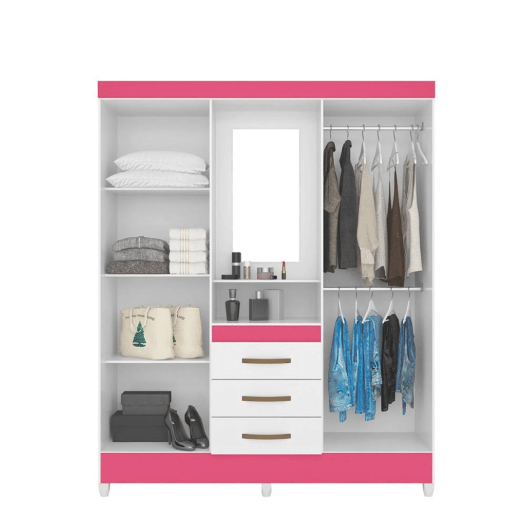 Guarda Roupa Solteiro 4 Portas com Espelho 3 Gavetas Capri Branco/Rosa - Moval Guarda Roupa Solteiro 4 Portas com Espelho 3 Gavetas Capri Branco/Rosa - Moval