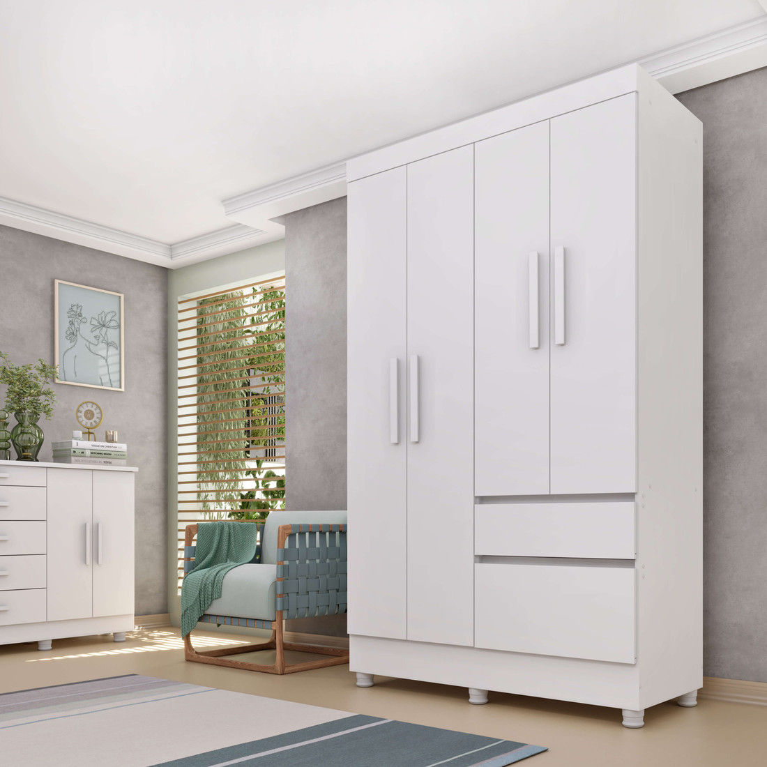 Guarda-Roupa Solteiro 4 Portas 2 Gavetas Oregon Branco - Tcil Móveis  Guarda-Roupa Solteiro 4 Portas 2 Gavetas Oregon Branco - Tcil Móveis