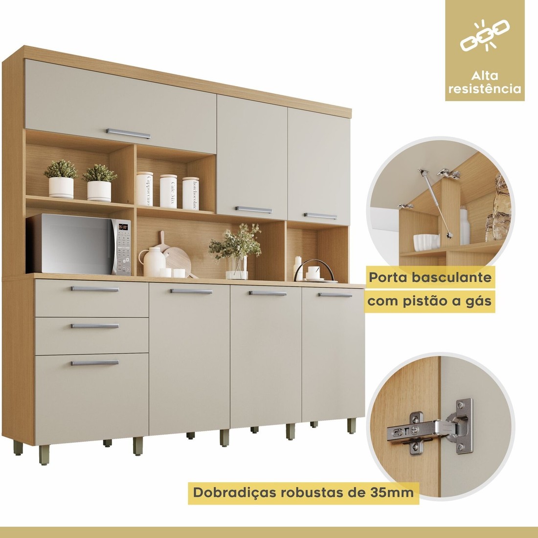Kit Cozinha Compacta Nesher Nobreza 7 Portas 2 Gavetas 210cm – Carvalho/Greige Kit Cozinha Compacta Nesher Nobreza 7 Portas 2 Gavetas 210cm – Carvalho/Greige