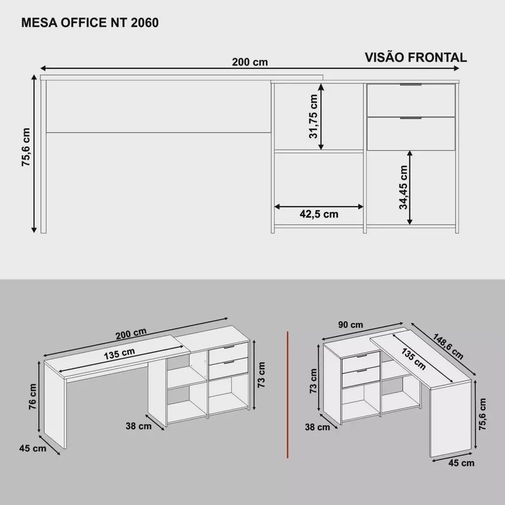 Mesa de Escritório Canto em L Articulada com 2 Gavetas Notável Oficce NT2060 Branco Mesa de Escritório Canto em L Articulada com 2 Gavetas Notável Oficce NT2060 Branco