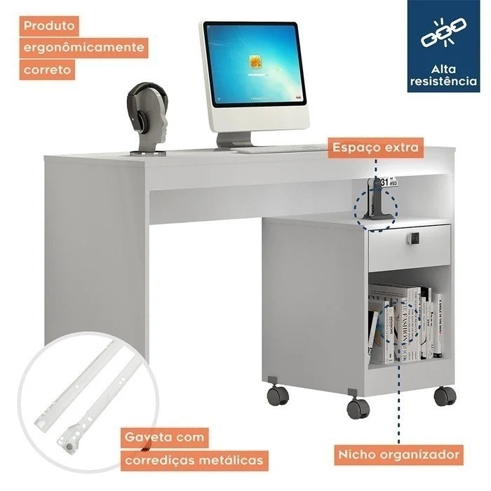 Escrivaninha Mesa de Computador 1 Gaveta com Rodízios Giga Branca - Valdemoveis Escrivaninha Mesa de Computador 1 Gaveta com Rodízios Giga Branca - Valdemoveis