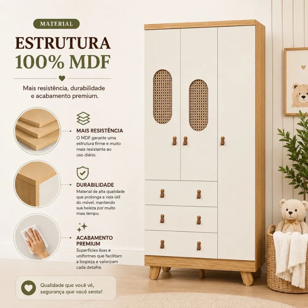 Guarda-roupa 3 Portas Abrir 100% MDF 3 Gavetas Peroba Pingo New Tela - Amêndoa/Off White