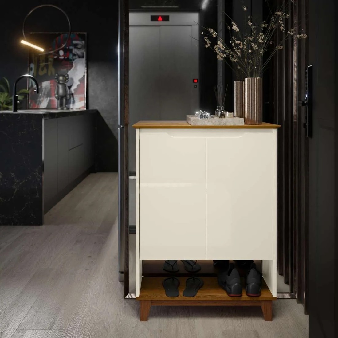 Sapateira 2 Portas Hall Flow EJ Móveis – Off White/Freijó Sapateira 2 Portas Hall Flow EJ Móveis – Off White/Freijó