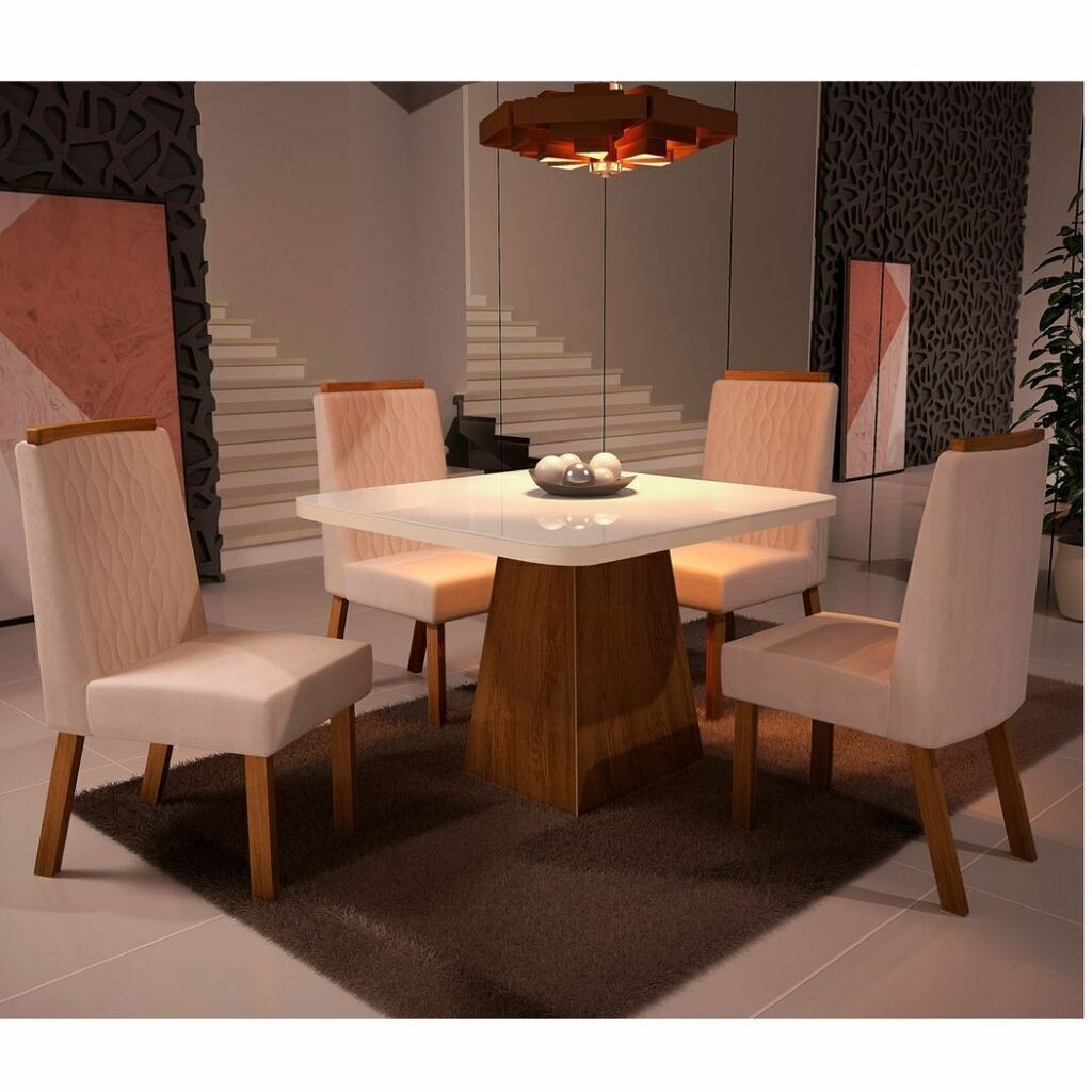Conjunto Mesa Malta 100x100 com 04 cadeiras, Amendoa com Off White - Bom Pastor Conjunto Mesa Malta 100x100 com 04 cadeiras, Amendoa com Off White - Bom Pastor