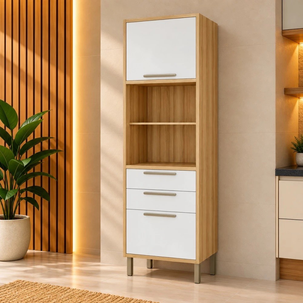 Paneleiro Torre Quente 1 Porta 3 Gavetas Ronipa para 2 Fornos Syrah 220cm - Amêndoa/Branco