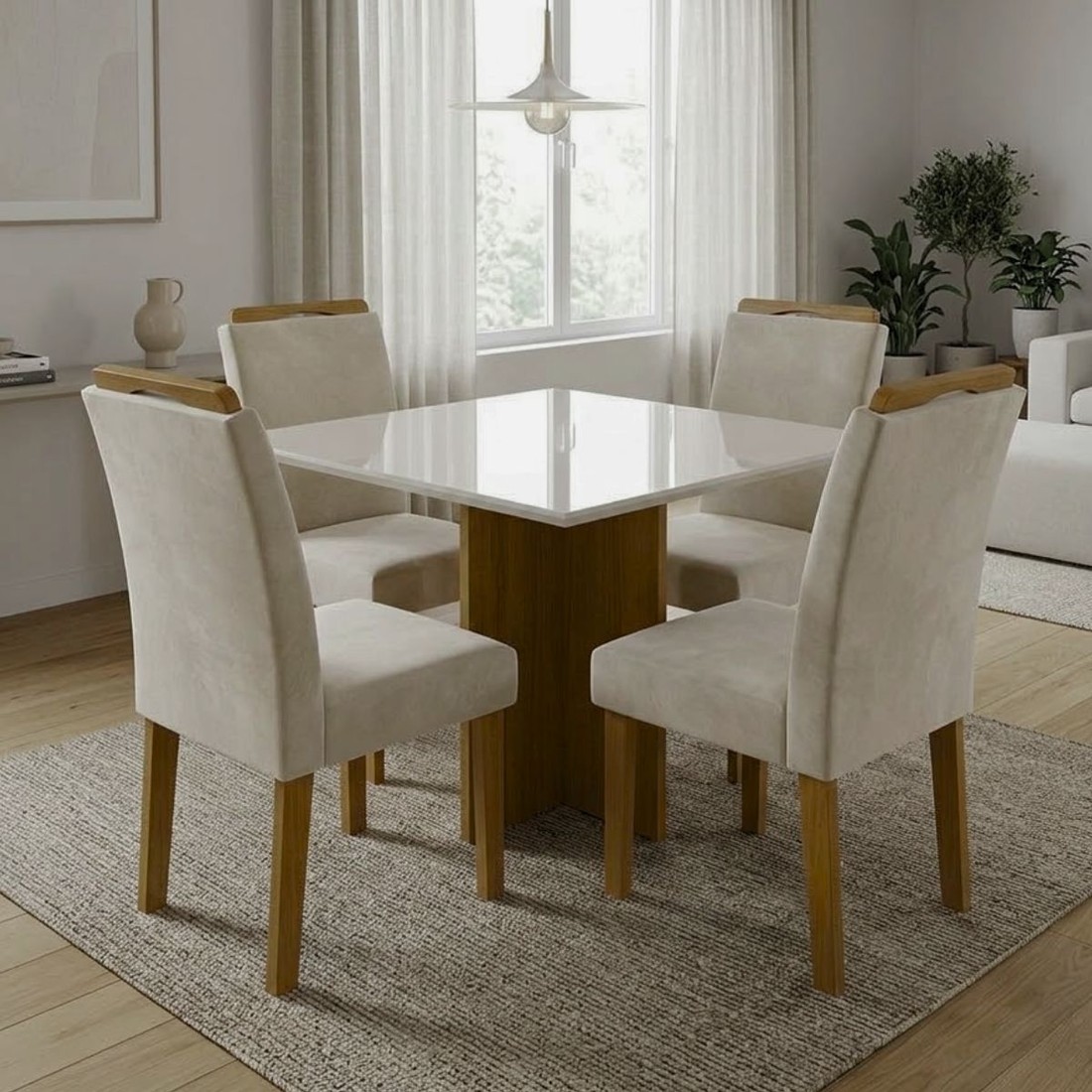 Conjunto Sala de Jantar Mesa Salinas 90x90cm Tampo com Vidro e 4 Cadeiras Londres Cinamomo Conjunto Sala de Jantar Mesa Salinas 90x90cm Tampo com Vidro e 4 Cadeiras Londres Cinamomo