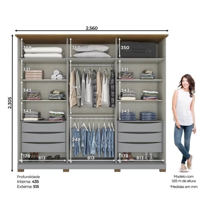 Guarda-roupa Casal com Espelho Napoli 6 Portas Cinza/Nature - Henn Guarda-roupa Casal com Espelho Napoli 6 Portas Cinza/Nature - Henn