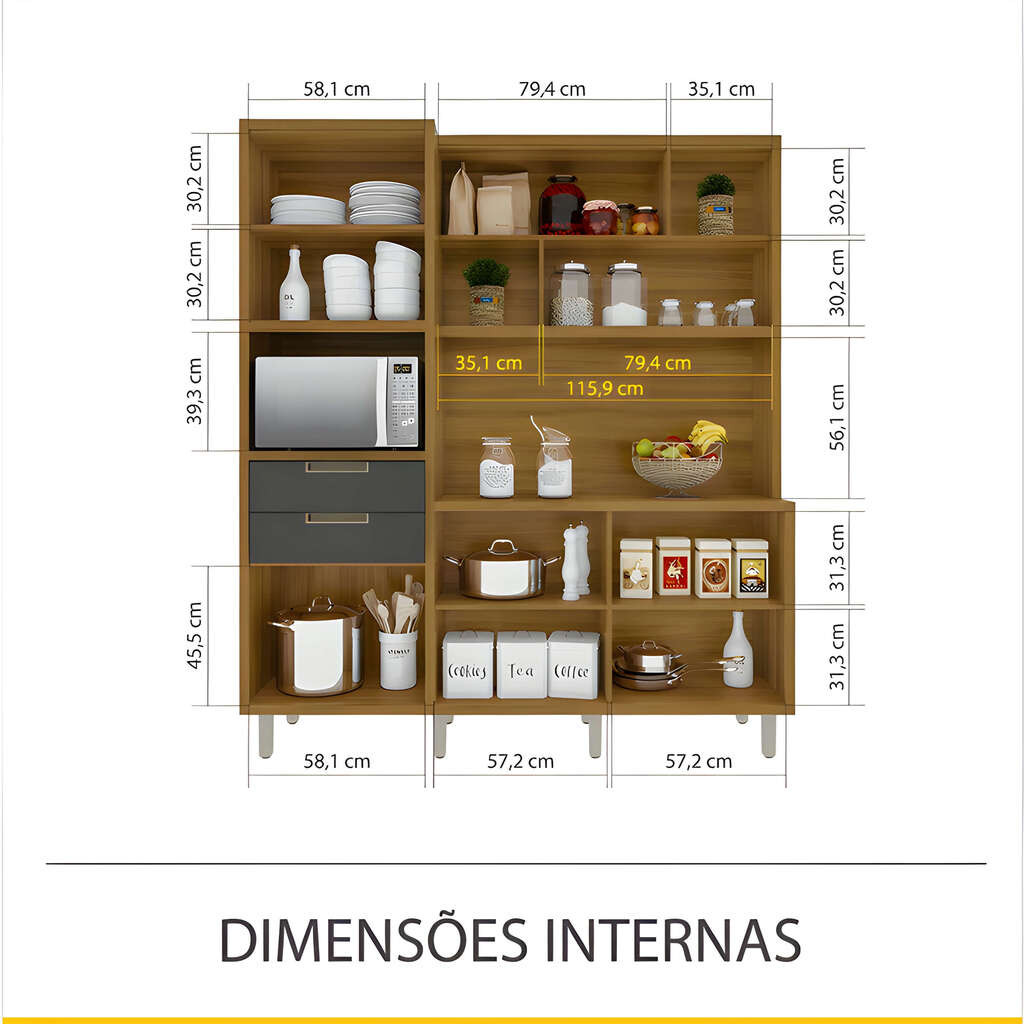 Armário de Cozinha Kit em MDF Kit Nesher 6 Portas 2 Gavetas Loft Imperatriz Freijó/Grafite  Armário de Cozinha Kit em MDF Kit Nesher 6 Portas 2 Gavetas Loft Imperatriz Freijó/Grafite