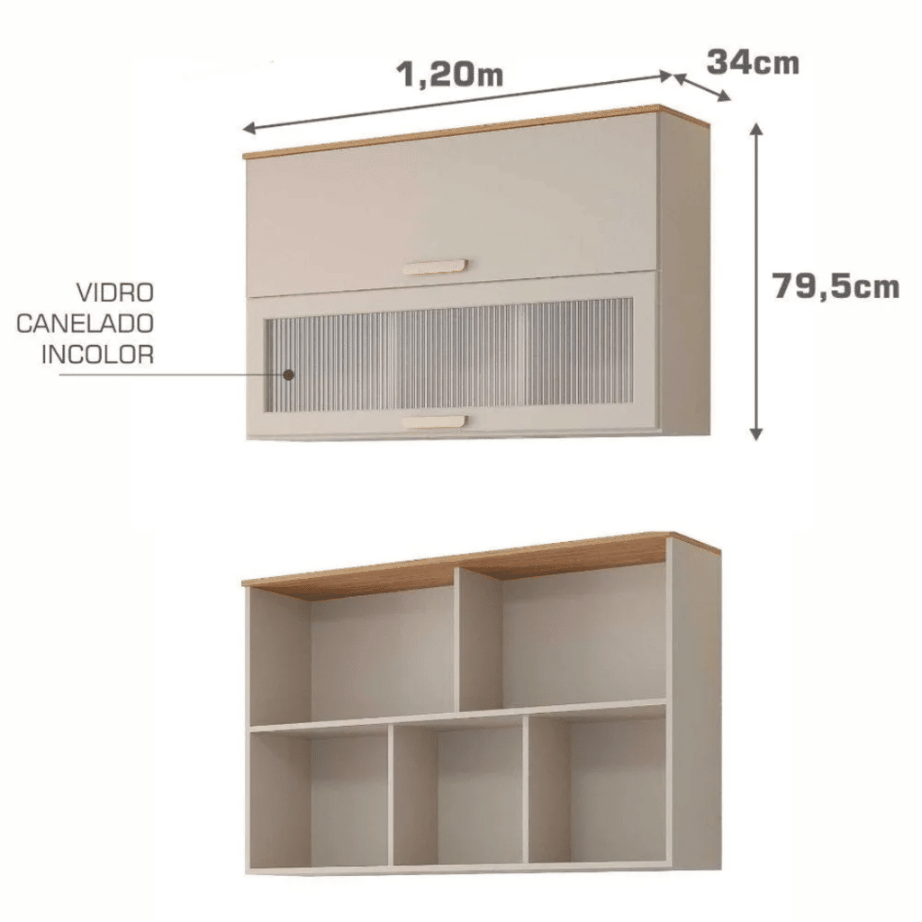 Armário Aéreo Bella 120cm 2 Portas Basculantes com Vidro, Off White/Freijó - MGM Armário Aéreo Bella 120cm 2 Portas Basculantes com Vidro, Off White/Freijó - MGM