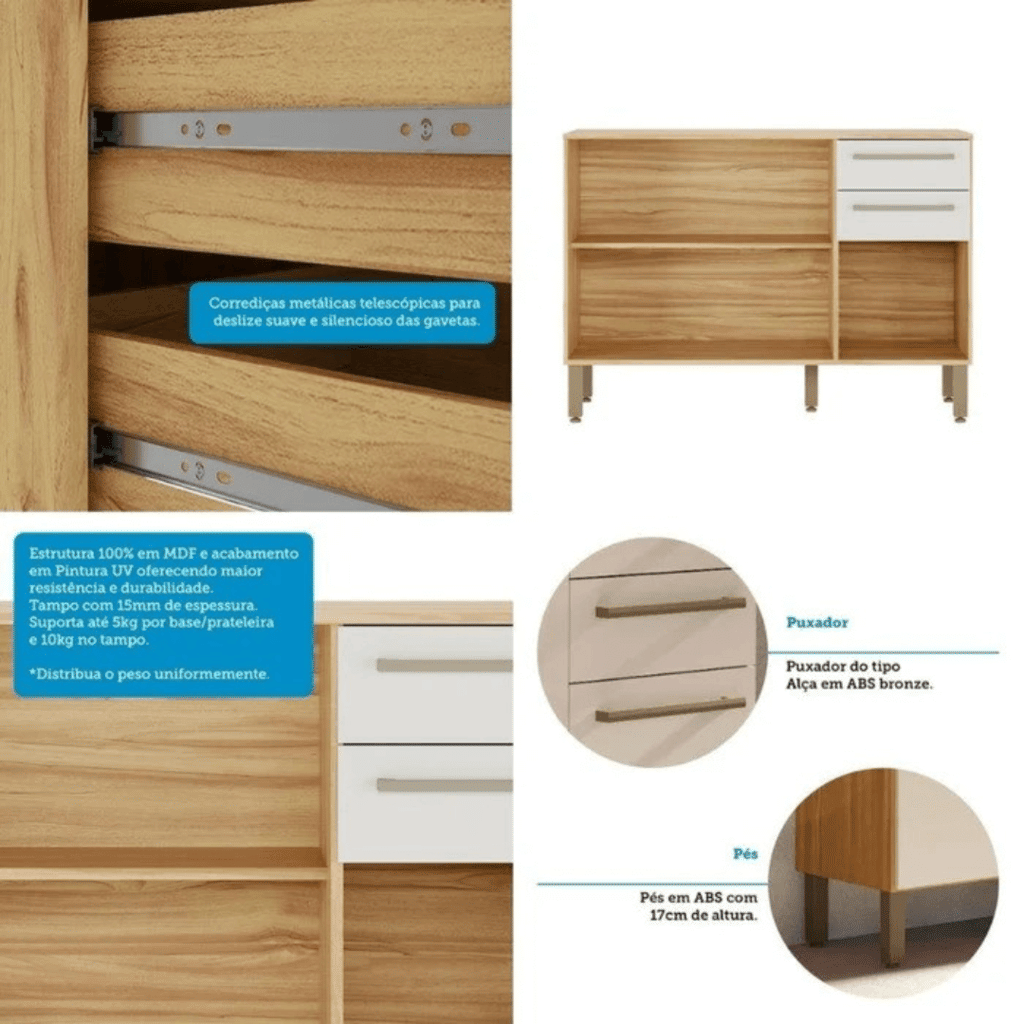 Balcão de Cozinha com Tampo em MDF 3 Portas 2 Gavetas Ronipa Carmenere 120cm Amendoa/Off White Balcão de Cozinha com Tampo em MDF 3 Portas 2 Gavetas Ronipa Carmenere 120cm Amendoa/Off White