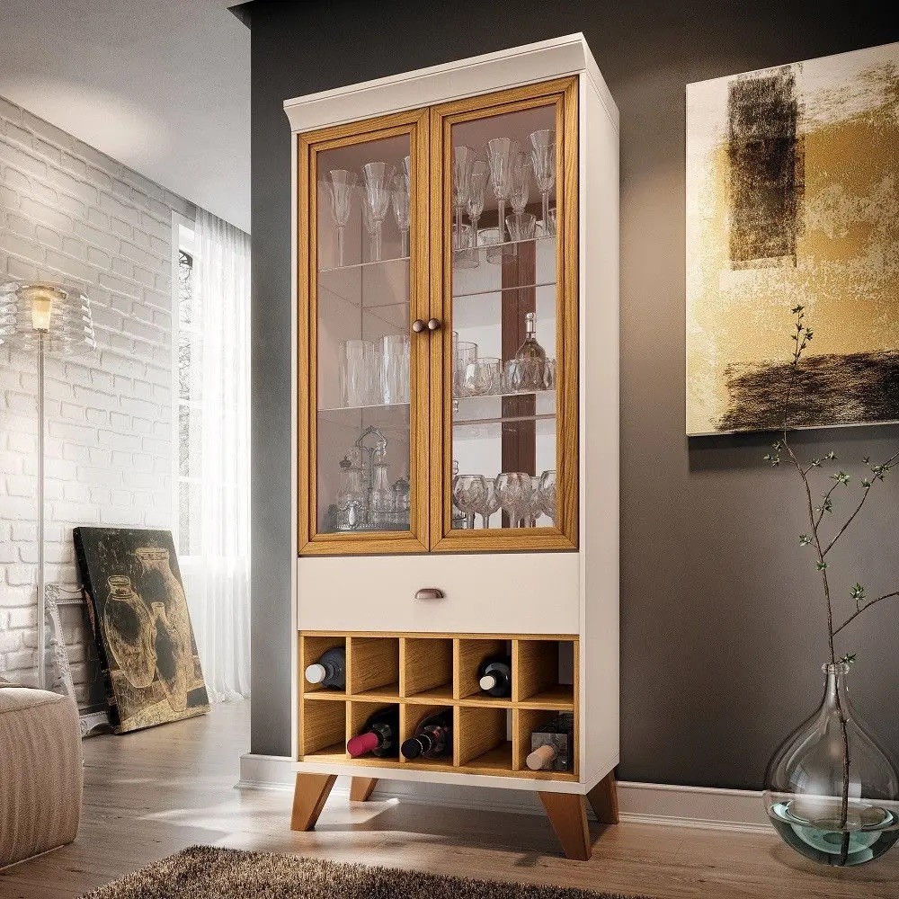 Cristaleira 2 Portas de Vidro 1 Gaveta Adega HB Móveis Opera Off White/Cinamomo