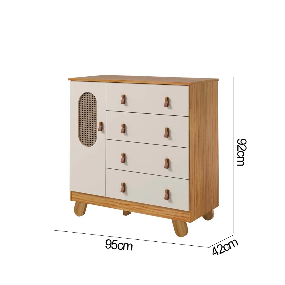 Cômoda 3 Gavetas 1 Porta Abrir 100% MDF Peroba Pingo New Tela  - Amendoa/Off White