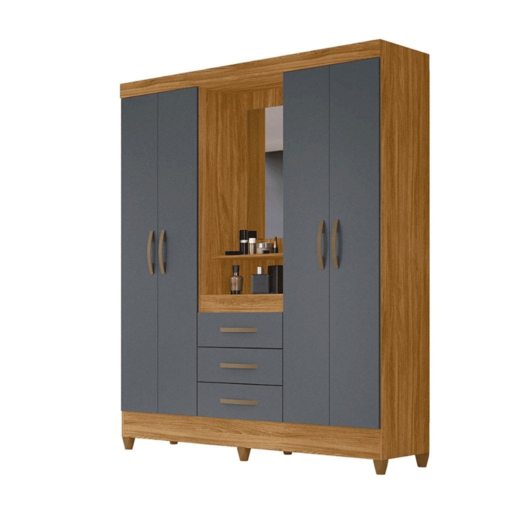 Guarda Roupa Solteiro 4 Portas com Espelho 3 Gavetas Freijo/Cinza Capri - Moval Guarda Roupa Solteiro 4 Portas com Espelho 3 Gavetas Freijo/Cinza Capri - Moval