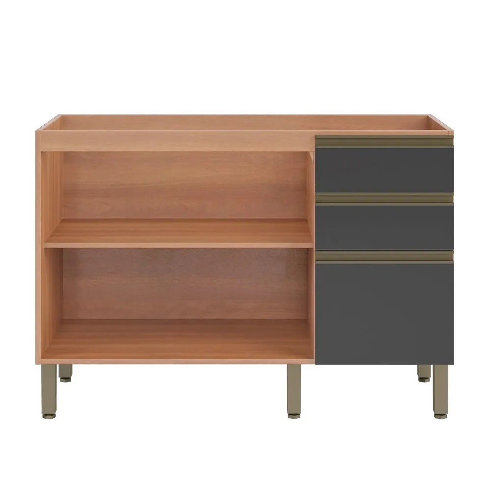 Balcão de Cozinha para Pia 120 cm 2 Portas 3 Gavetas Freijó/Grafite Macadâmia - Telasul Balcão de Cozinha para Pia 120 cm 2 Portas 3 Gavetas Freijó/Grafite Macadâmia - Telasul