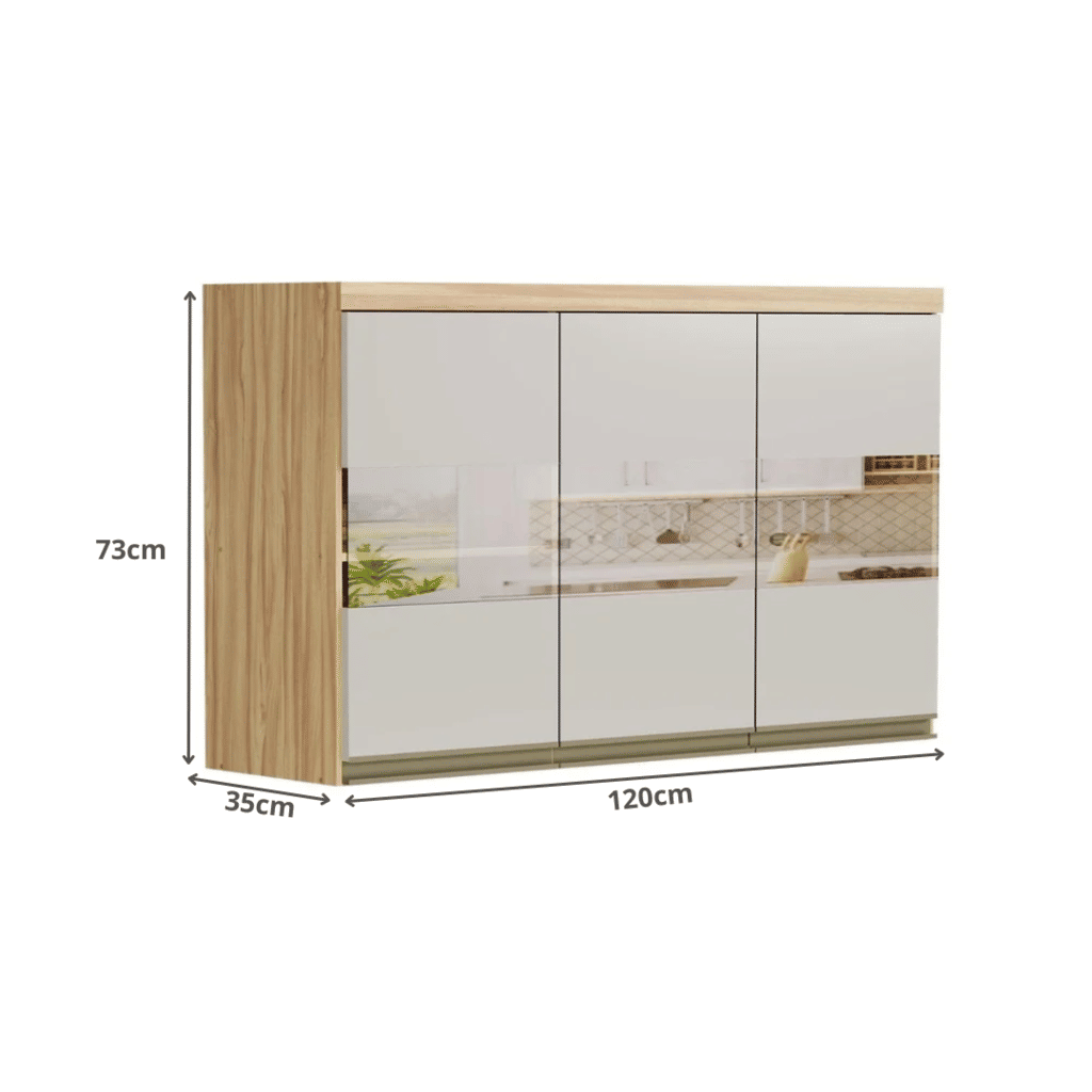 Armário Aéreo P/ Cozinha Chardonnay 3 Portas C/ Vidro Reflecta 120cm Amendoa/off White - Ronipa