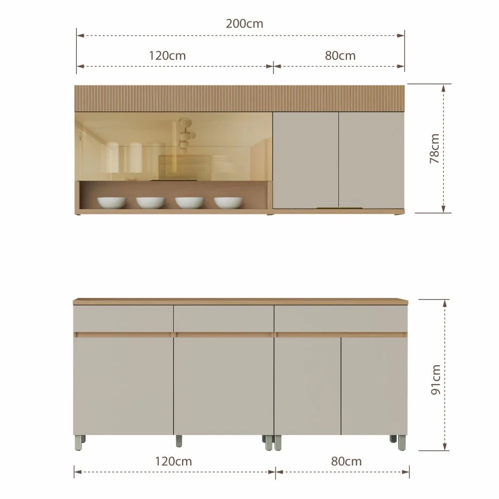 Cozinha Realeza Premium 200cm 4 Peças 6 Portas 1 Porta Vidro 3 Gavetas 100% MDF Nesher Cozinha Realeza Premium 200cm 4 Peças 6 Portas 1 Porta Vidro 3 Gavetas 100% MDF Nesher