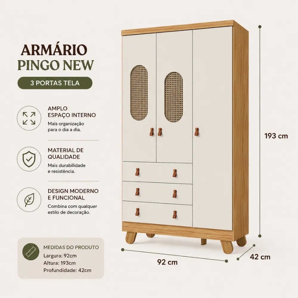 Guarda-roupa 3 Portas Abrir 100% MDF 3 Gavetas Peroba Pingo New Tela - Amêndoa/Off White