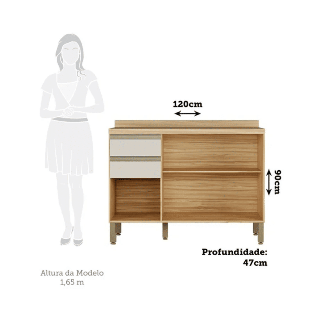 Balcão de Cozinha com Tampo 3 Portas 2 Gavetas em MDF Ronipa Chardonnay Amendoa/Off White Balcão de Cozinha com Tampo 3 Portas 2 Gavetas em MDF Ronipa Chardonnay Amendoa/Off White