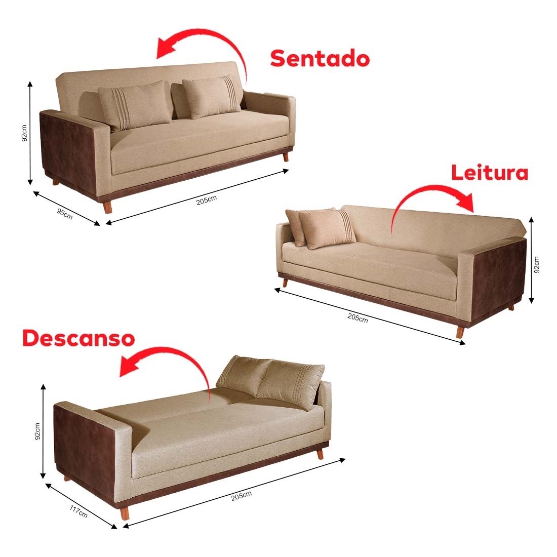 Sofá-cama Palácius 3 Lugares 205cm Bom Pastor Estofados - Linho Bege