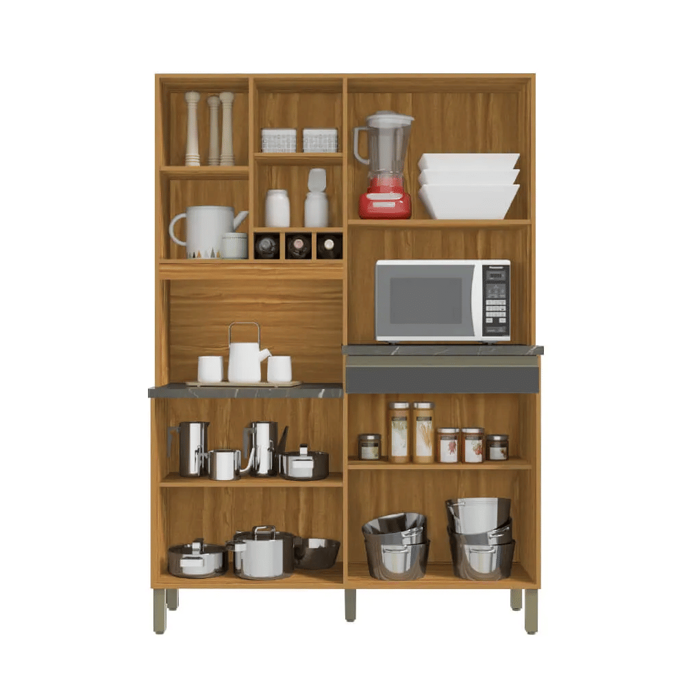 Armário de Cozinha Kit em MDF 7 Portas 1 Gaveta Ronipa Verdot Perfil Amendoa/Chumbo Armário de Cozinha Kit em MDF 7 Portas 1 Gaveta Ronipa Verdot Perfil Amendoa/Chumbo