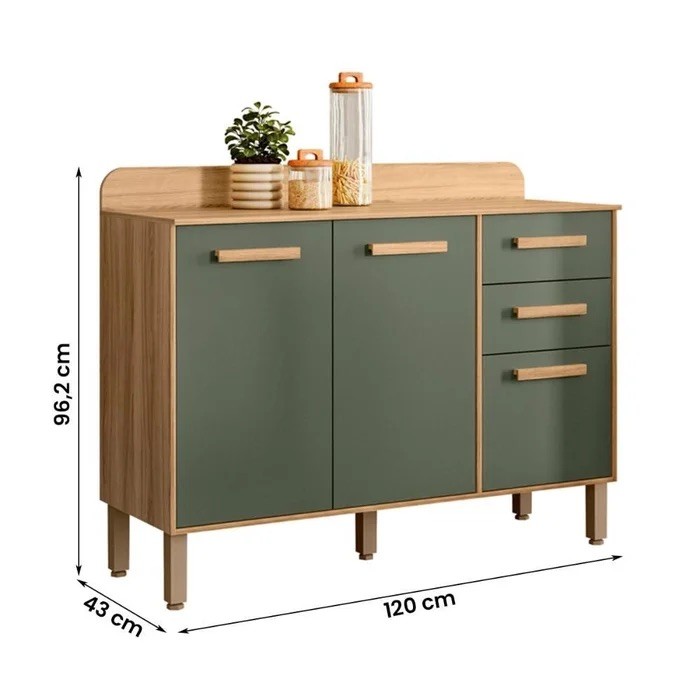 Balcão Nicioli Maria  Flor  2  Portas e 3  Gavetas 120 cm Freijó/Verde
