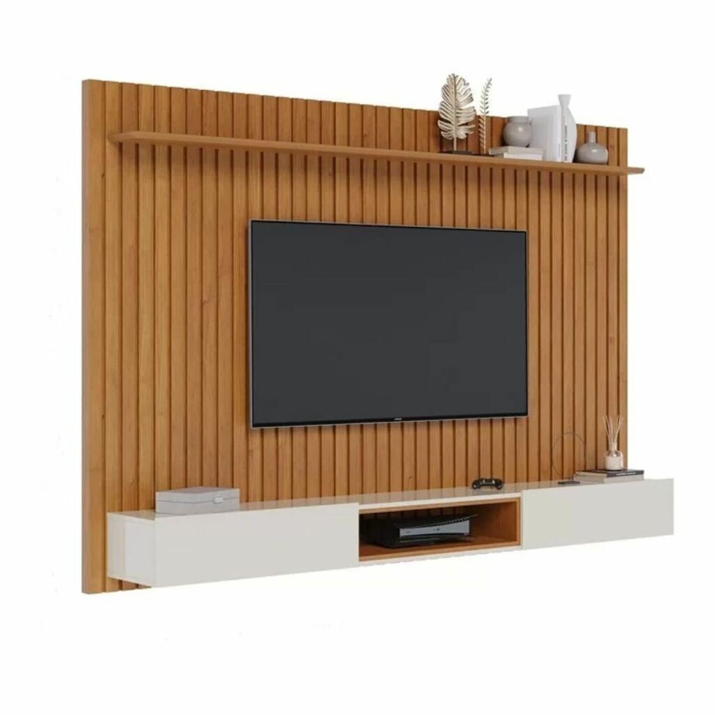 Home Ripado Loft 2.2m Imcal Nature/Off White Painel Suspenso 2 Portas Basculantes Prateleira Regulável Nicho Central