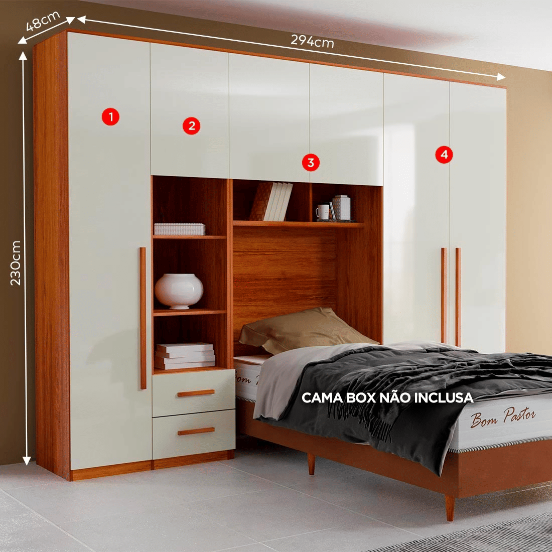 Guarda-Roupa Solteiro Modulado Tivoli 4 Peças 100% MDF com Mesa de Cabeceira, Natural/Bege - Bom Pastor