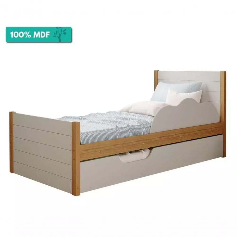 Cama Bibox Solteiro em MDF com Protetor Lateral Elza Cimol Nature/Off White Cama Bibox Solteiro em MDF com Protetor Lateral Elza Cimol Nature/Off White