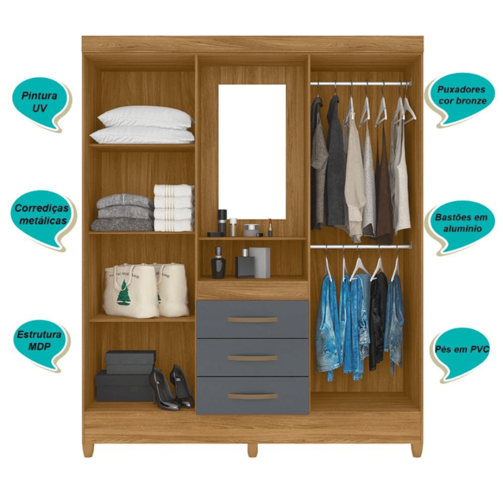 Guarda Roupa Solteiro 4 Portas com Espelho 3 Gavetas Freijo/Cinza Capri - Moval Guarda Roupa Solteiro 4 Portas com Espelho 3 Gavetas Freijo/Cinza Capri - Moval