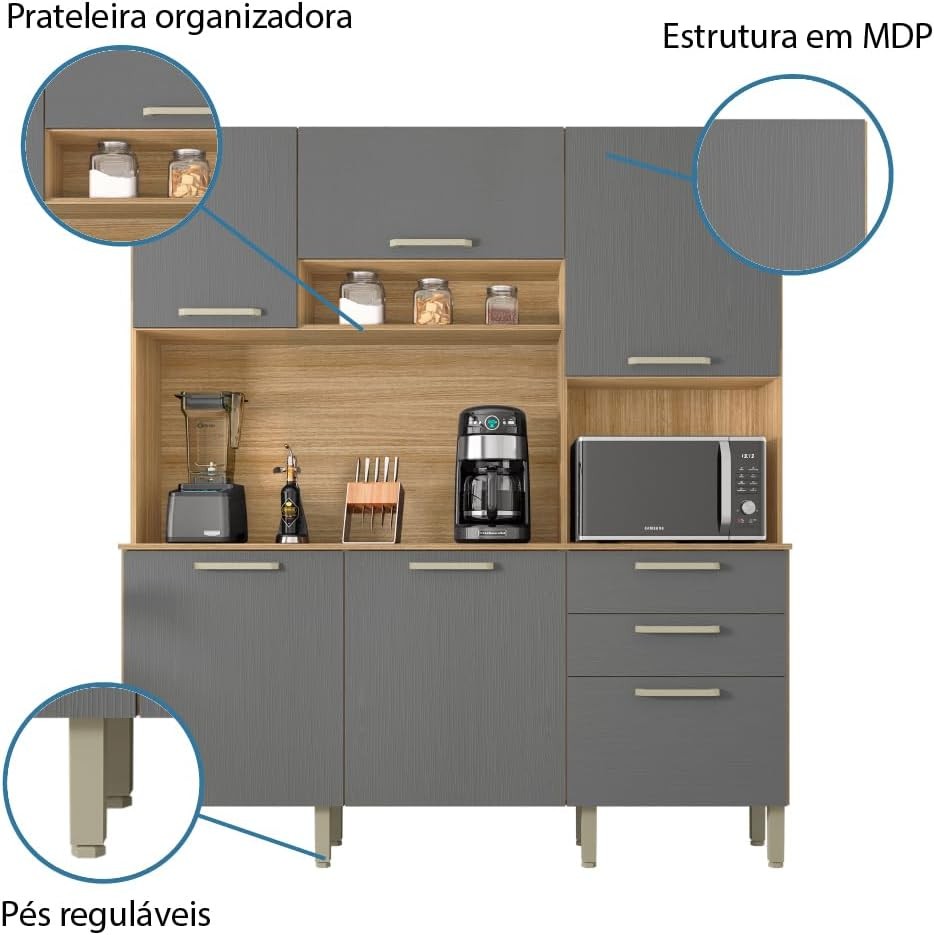 Armário de Cozinha Kit 6 Portas 2 Gavetas Ferrara Kits Paraná Freijo/Gris