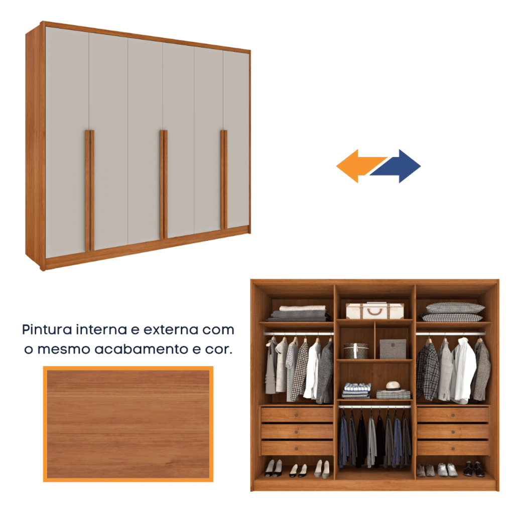 Guarda-Roupa Casal em MDF 6 Portas Tcil Móveis Realeza C/ Pés Cinamomo/Off White Guarda-Roupa Casal em MDF 6 Portas Tcil Móveis Realeza C/ Pés Cinamomo/Off White