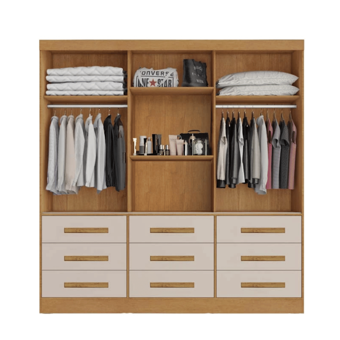 Guarda-Roupa Casal Athenas com Espelho 3 Portas 9 Gavetas Nature/Off White - Bianchi