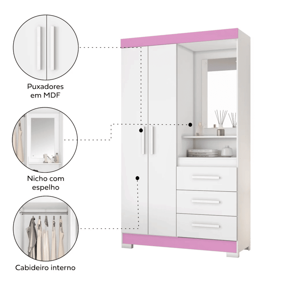 Guarda‑Roupa Solteiro 2 Portas 3 Gavetas NT 6020 Notável Móveis Branco/Rosa Flex