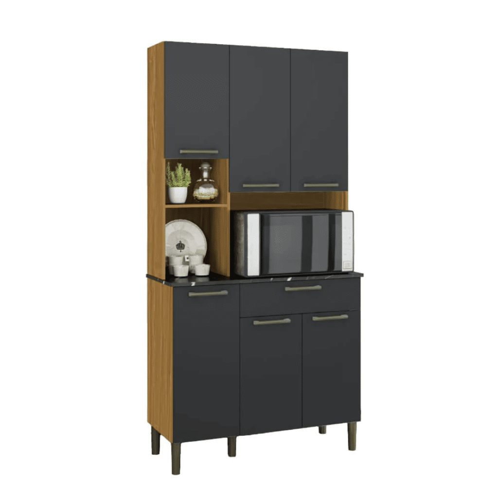 Armário de Cozinha Kit 6 Portas 1 Gaveta em MDF  Ronipa Tannat Amendoa/Chumbo Armário de Cozinha Kit 6 Portas 1 Gaveta em MDF  Ronipa Tannat Amendoa/Chumbo