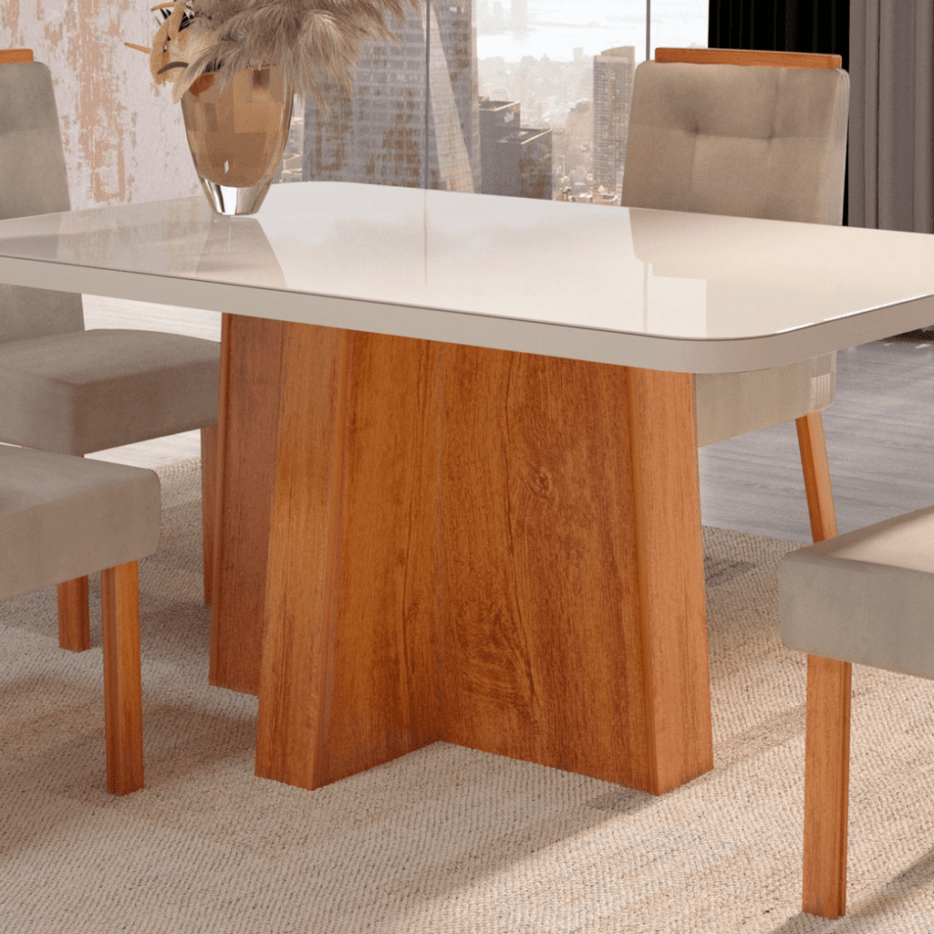 Conjunto Mesa Space  120x80 Tampo de Vidro com 04 cadeiras Fly Luxo Nature/Off White - Bom Pastor  Conjunto Mesa Space  120x80 Tampo de Vidro com 04 cadeiras Fly Luxo Nature/Off White - Bom Pastor