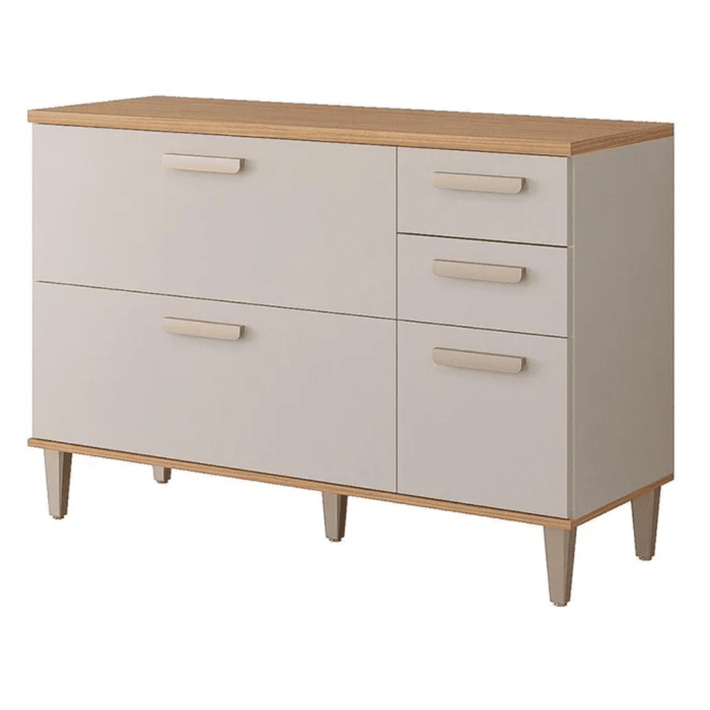 Balcão de Cozinha Bella Com 4 Gavetas e 1 Porta Basculante c/Tampo 120 cm Off White/Freijo - MGM Balcão de Cozinha Bella Com 4 Gavetas e 1 Porta Basculante c/Tampo 120 cm Off White/Freijo - MGM