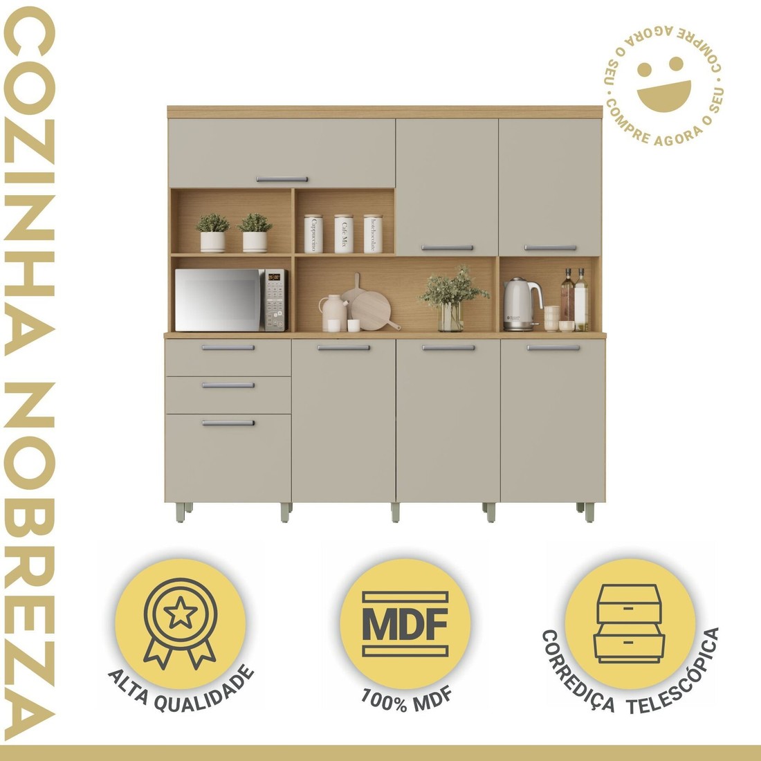 Kit Cozinha Compacta Nesher Nobreza 7 Portas 2 Gavetas 210cm – Carvalho/Greige Kit Cozinha Compacta Nesher Nobreza 7 Portas 2 Gavetas 210cm – Carvalho/Greige