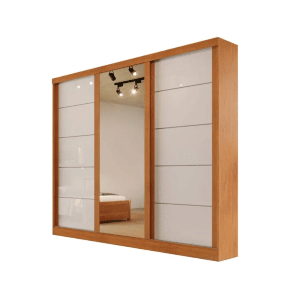 Guarda-Roupa Casal Com Espelho 3 Portas de Correr 100% MDF Capri Naturall/Off White - Bianchi