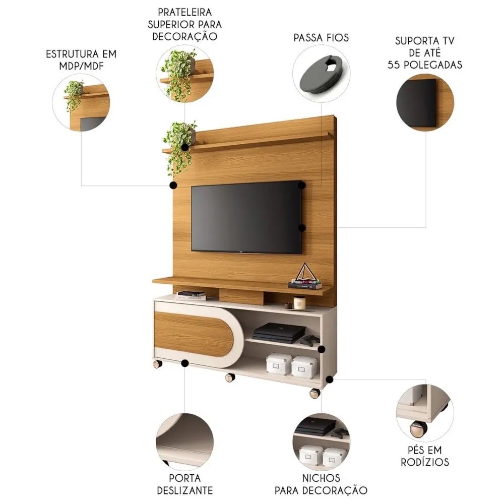 Estante Home TV 55 Polegadas HB Móveis Orbis Cinamomo/Off White