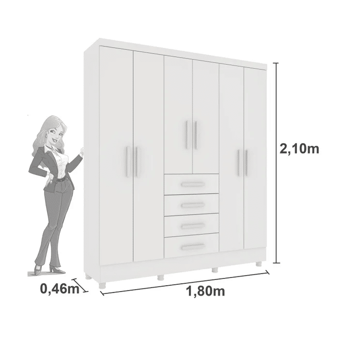 Guarda-Roupa Casal com Espelho, 6 Portas Tcil Móveis Arizona Branco Guarda-Roupa Casal com Espelho, 6 Portas Tcil Móveis Arizona Branco