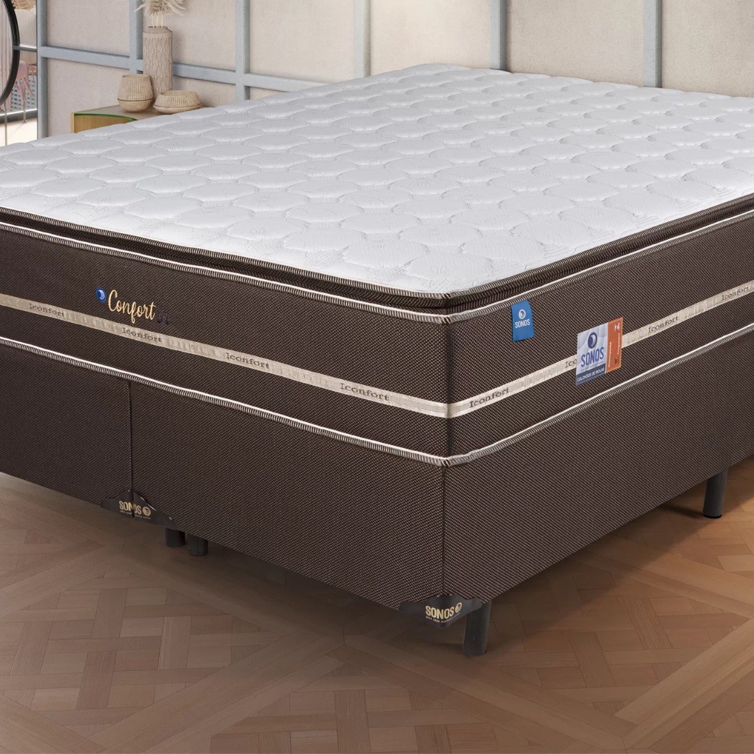 Conjunto Base Box + Colchão Molas Ensacadas King Size 193x203x62 Sonos Confort In Brown Conjunto Base Box + Colchão Molas Ensacadas King Size 193x203x62 Sonos Confort In Brown