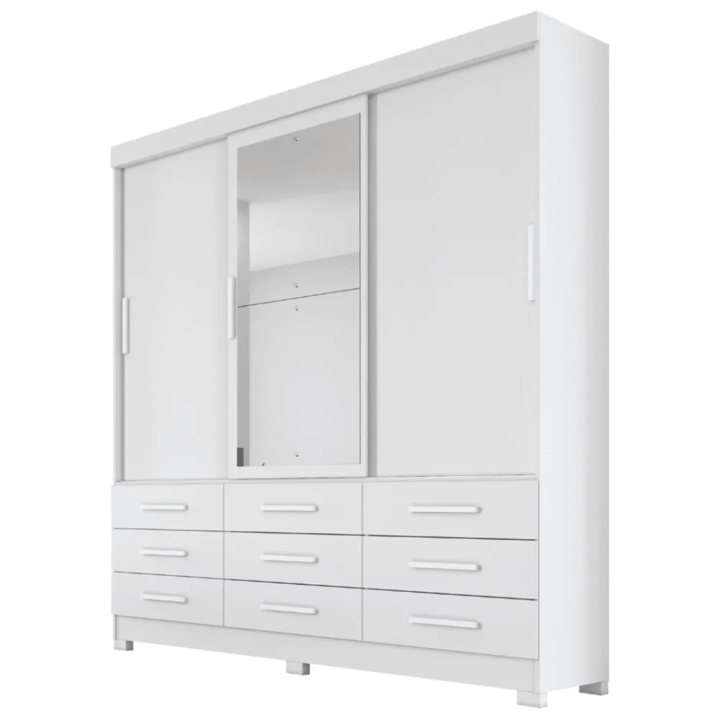 Guarda Roupa Casal com Espelho 3 Portas 9 Gavetas Buriti Branco - Novo Horizonte Guarda Roupa Casal com Espelho 3 Portas 9 Gavetas Buriti Branco - Novo Horizonte
