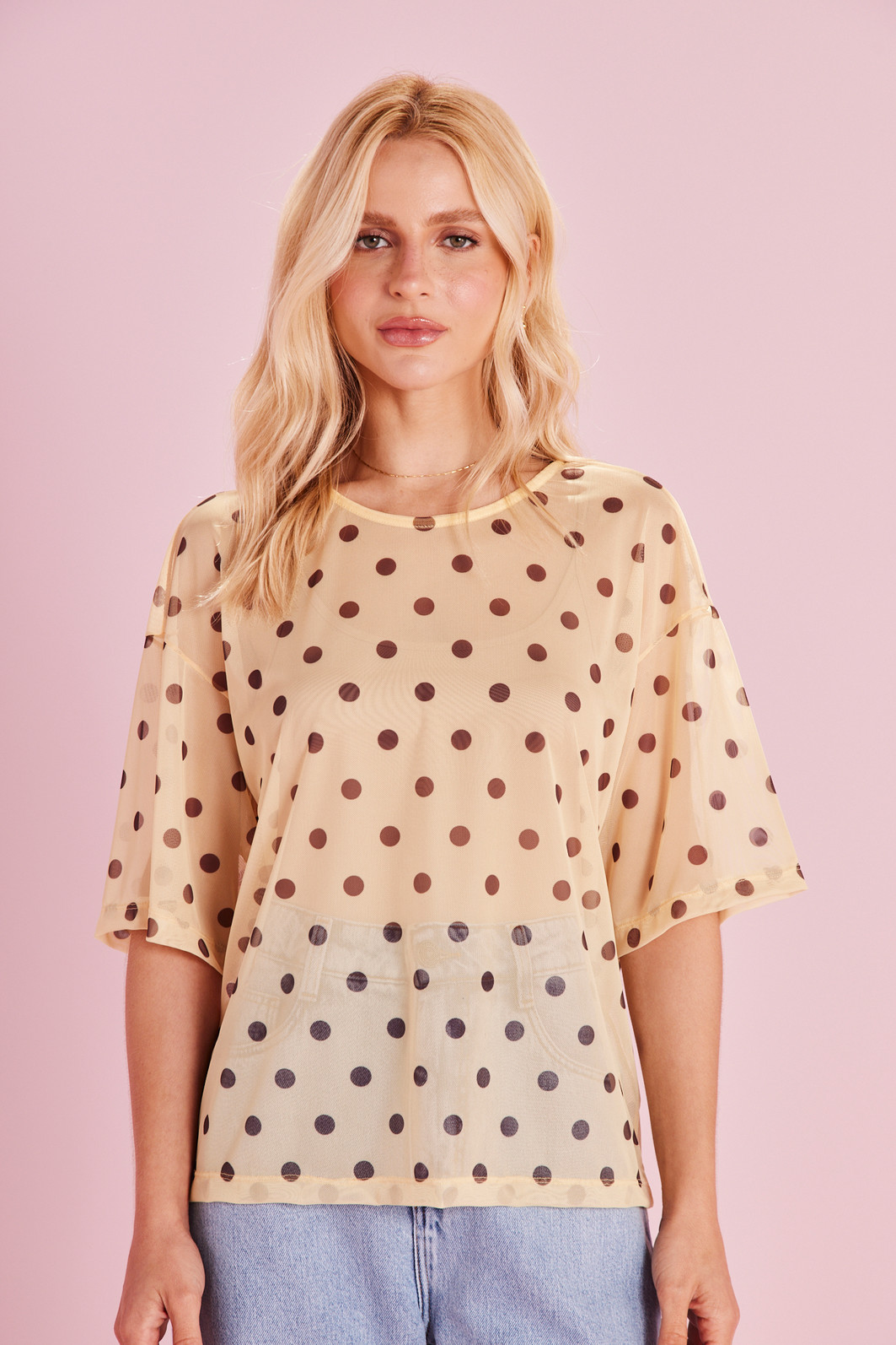 BLUSA TULE FLASH SALE COM REGATA POÁ MARROM BLUSA TULE FLASH SALE COM REGATA POÁ MARROM