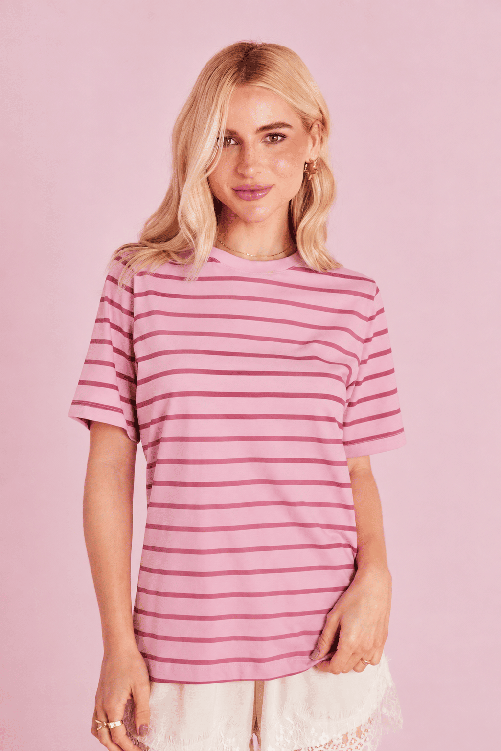 T-SHIRT SLIM LISTRADA ROSA