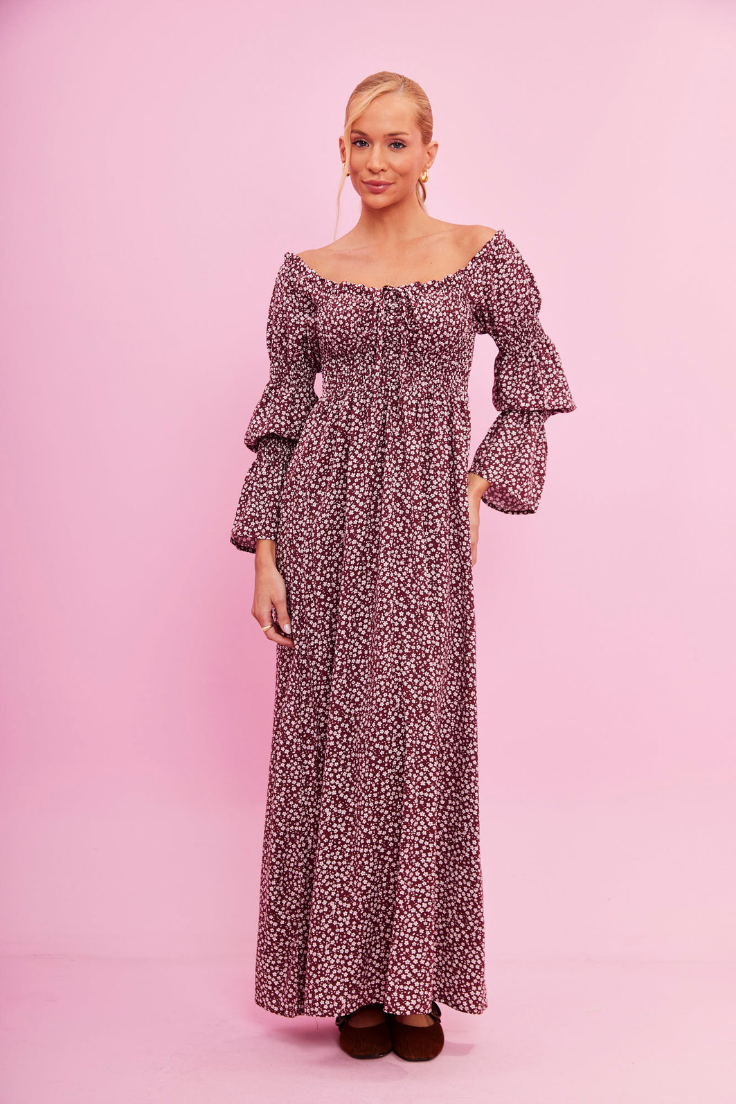 VESTIDO EMANUELE FLORAL FUNDO BORDO