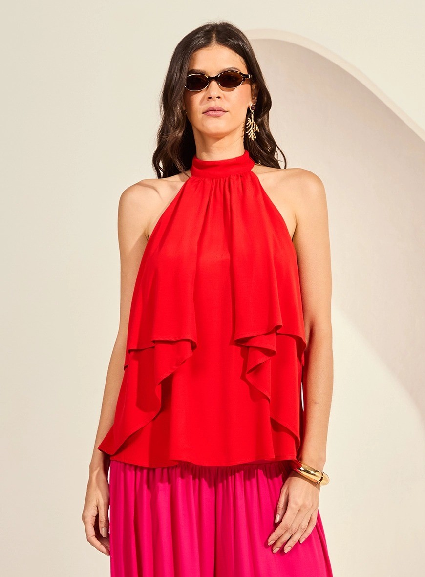 BLUSA AMPLA HALTER COM BABADOS VERMELHO SPARKL FORUM BLUSA AMPLA HALTER COM BABADOS VERMELHO SPARKL FORUM