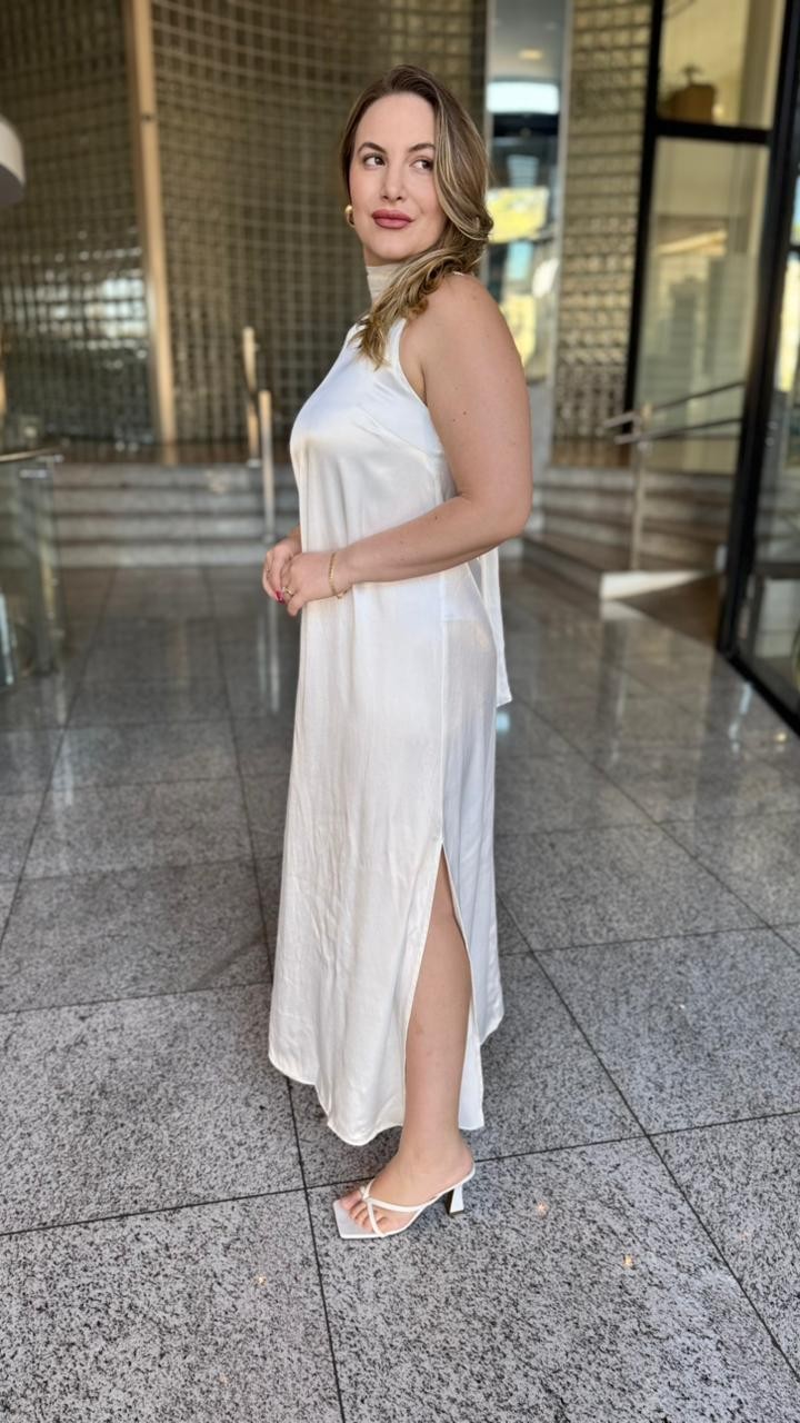 VESTIDO MIDI DECOTE RETO COM FAIXA OFF WHITE MORENA ROSA